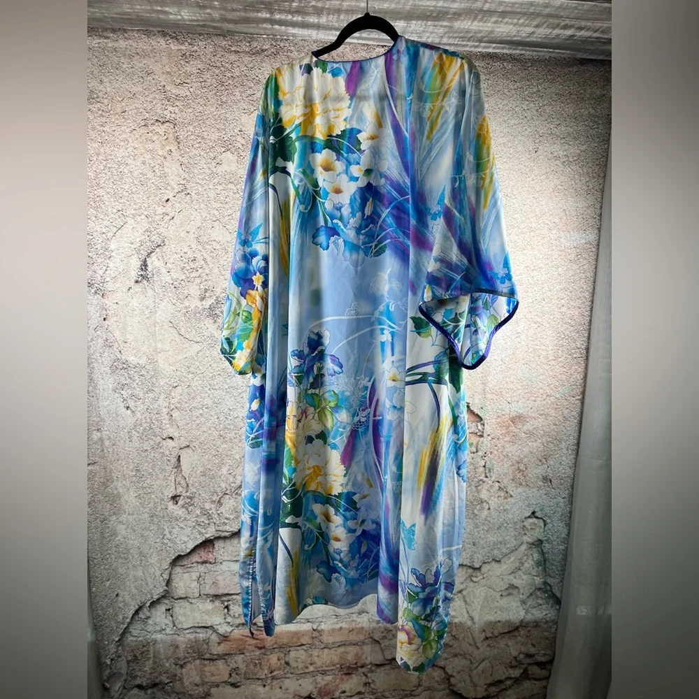 Natori medium Blue Yellow Floral Butterfly Cotton-Silk Maxi Dress. A631 - Picture 4 of 4